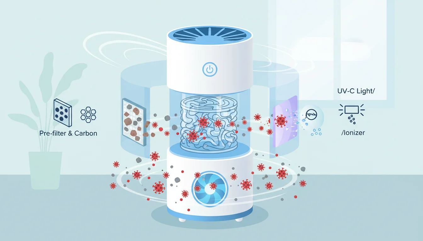 Illustration showing air purifier kill virus concept
