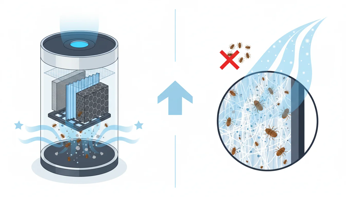 Illustration showing air purifier kills dust mites concept