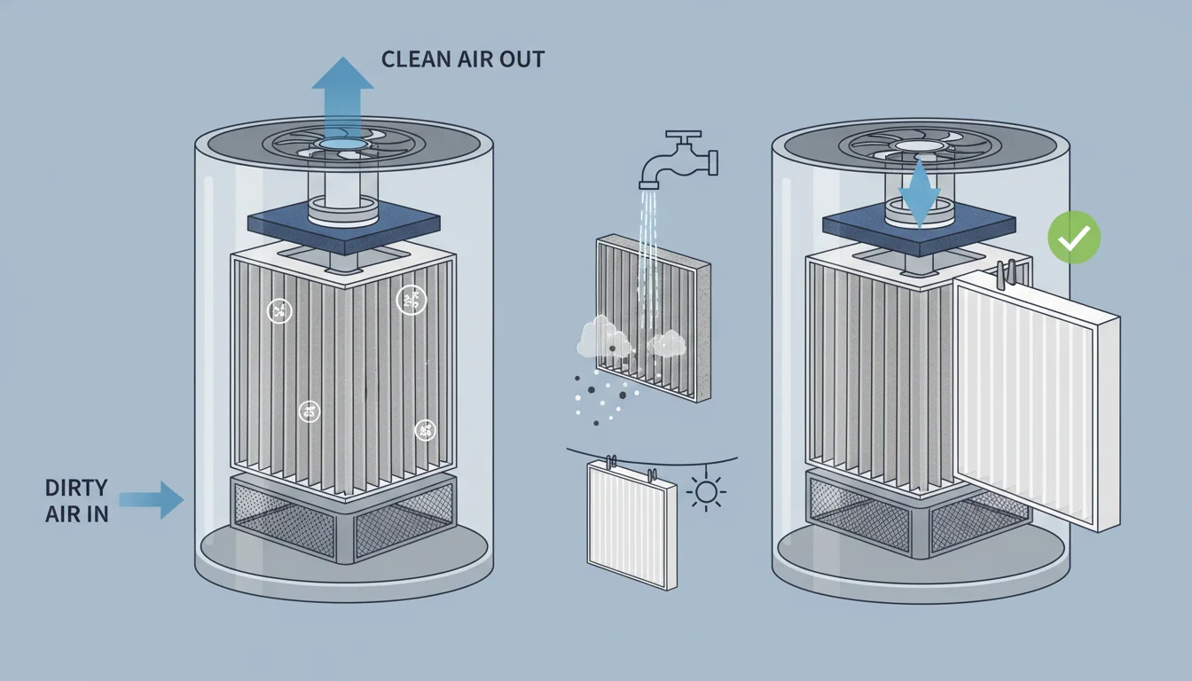 Illustration showing air purifier with washable hepa filter concept