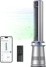 Dreo MC710S Air Purifier Tower Fan, 45" 2-in-1 Smart Fan for Bedroom, 27ft/s Velocity, 120°Oscillation, 24H Timer Bladeless Fans for Home, 25dB Low Noise, Standing Fan Works with Alexa, Silver Blue